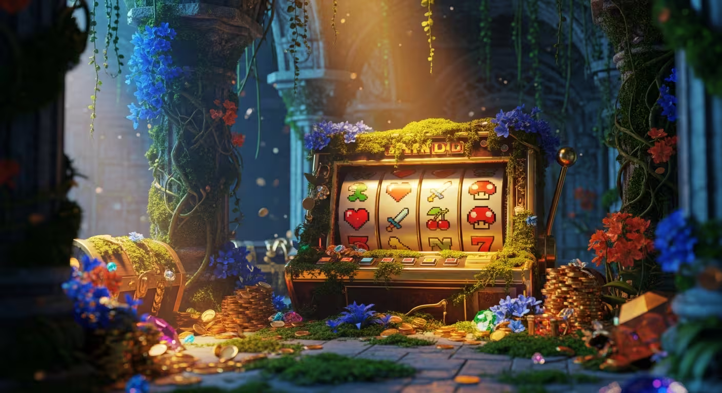 Epic video game controller merging with glowing SlotVibe slot reels